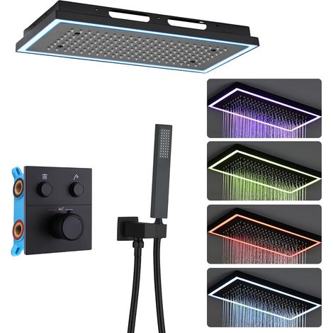 Colonne Douche Encastrable Noir, 64 Farben LED Douche Encastrable Thermostatique Colonne de Douche, Installation au Plafond Ensemble Douche avec 400  200mm Pommeau de Douche (1/5)