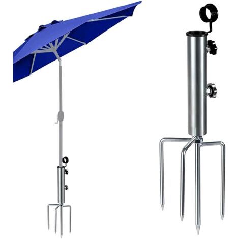 1 Pied De Parasol Avec Pic 4 Dents, Support Acier Galvanisé, Pour Jardin Et Plage (1/5)