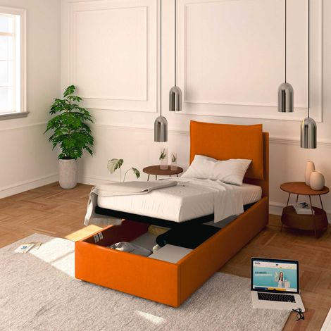 Baldiflex Letto Contenitore Singolo 90x200 Licia in Ecopelle con Rete a Doghe colore Arancione Orange (1/5)