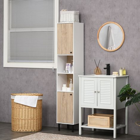 Colonna da bagno Kleankin con 6 scomparti per doccia, WC, camera da letto, stile moderno, 31,5x30x169 cm, bianco e rovere