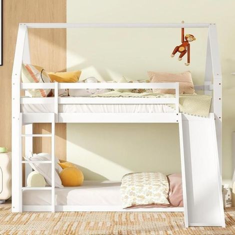 Lit superposé - KOMHTOM - Maison - 2 places 90x200 cm - Pin & MDF - Toboggan, garde-corps, blanc (1/5)