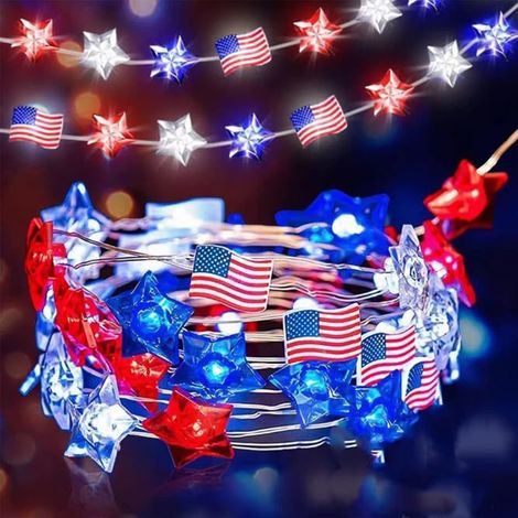 Guirlande Lumineuse Étoile - 30 LED - 3 m - Fonctionne sur Piles - Pour Décoration Intérieure Extérieure - Thème Patriotique - 1 Pièce (1/5)