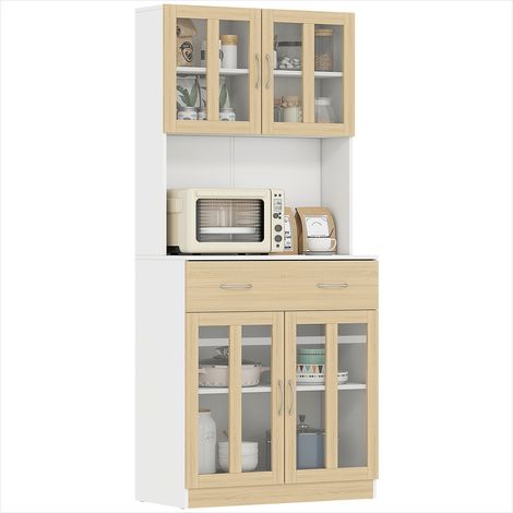 Buffet haut de cuisine blanc et chêne clair 4 portes vitrées (1/5)