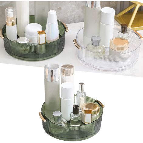 Organisateur de maquillage rotatif à 360° avec poignée, transparent vert, pour salle de bain ou toilettes. (1/5)