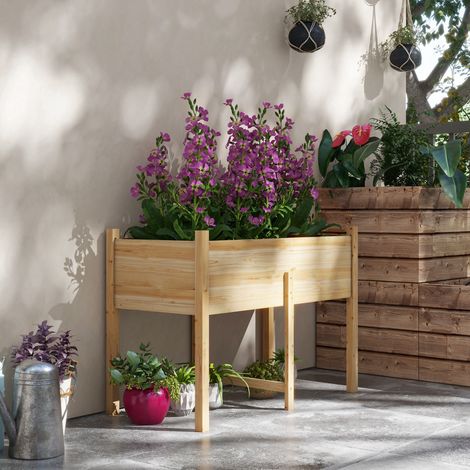 Hochbeet mit 2 Abflusslöchern und Vliesbeutel, Pflanzkasten aus Tannenholz für Garten und Balkon, 115 x 55 x 80 cm, Holzfarbe