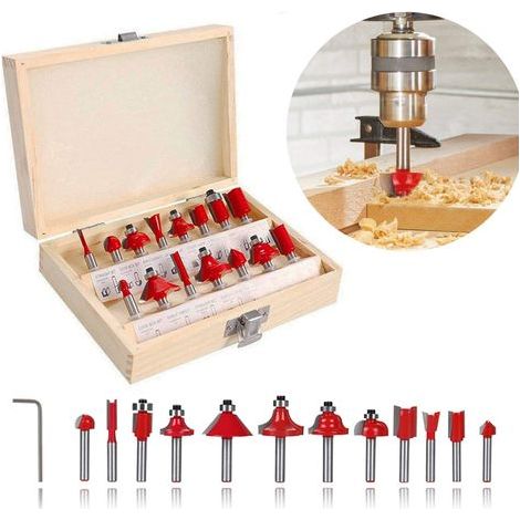 15-teiliges Set Bündigfräser, 6,35 mm, Hartmetall-Holznutfräser mit Schaft, in farblich sortierter Box (1/5)
