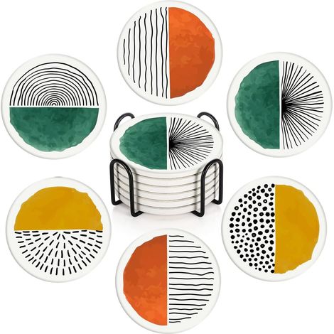 Juego de posavasos para bebidas de 6 piezas, posavasos de cerámica absorbentes con grafitis redondos retro simples, perfectos para regalar en decoración de habitaciones o bares. (1/5)