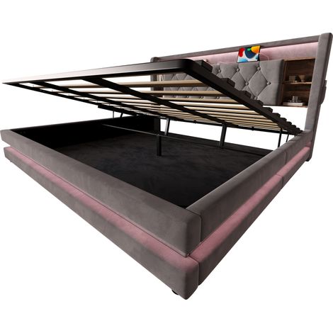 Cama con canapé 180 x 200 cm de terciopelo gris oscuro, cabecero LED, USB y Type-C (1/5)