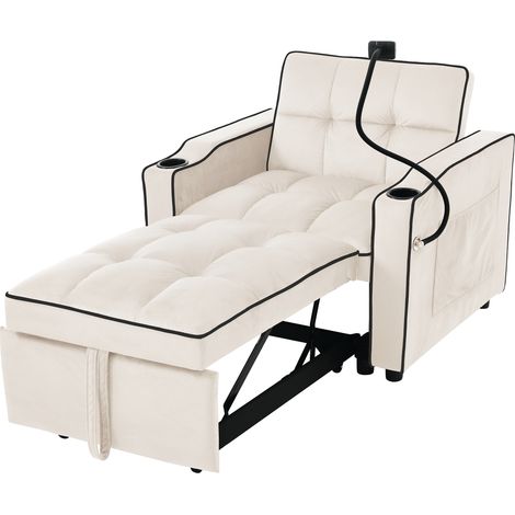 ELVMI Fauteuil Convertible 3 en 1 avec Dossier Réglable, 2 Porte-Gobelets et Support Téléphone, Mousse Beige, 83 × 167 × 76 cm