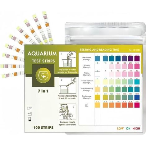 Bandelettes de Test Aquarium 7 en 1 – 50 Pièces Analyse Rapide de l’Eau pH, Nitrate, Nitrite, Chlore, Dureté Totale, Dureté Carbonatée, Alcalinité – Kit Test Aquarium, Bassin, Étang, Tortue (1/5)