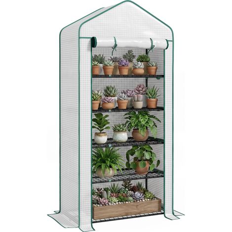 Outsunny invernadero de jardín de 5 niveles invernadero resistente con 1 puerta con cremallera anti-UV diseño ensanchado y estantes 90x49x193cm blanco