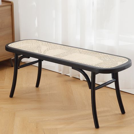 Wahson Sitzbank Rattan 115,5 x 34 x 47cm, Vintage-Stil mit Rattan-Sitzfläche und Holzrahmen für Flur Eingang und Esszimmer, Schwarz