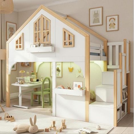 Cama alta infantil 90x200 cm con LED, escalera de almacenamiento, blanco y natural OKMYHOME (1/5)