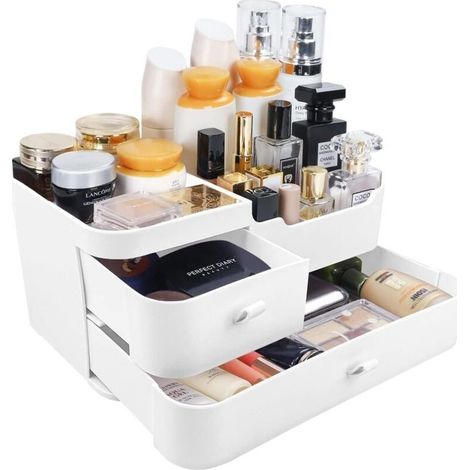 Rangement Maquillage Organisateur, Coiffeuse Organiseur, Boîte à Skincare, Makeup Organizer, Présentoir Produits Cosmétiques pour Le Rangement des Beauté, avec Deux Tiroirs (1/5)