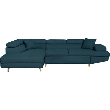 Canapé d'angle gauche convertible RIO Scandinave avec coffre en tissu - Bleu, Pieds bois (1/5)