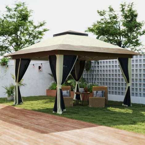 Abri Pliable 3.6x3.6 m avec Côtés en Maille UPF50+ Hauteur Réglable Sac avec Roues et Sacs de Sable Crème