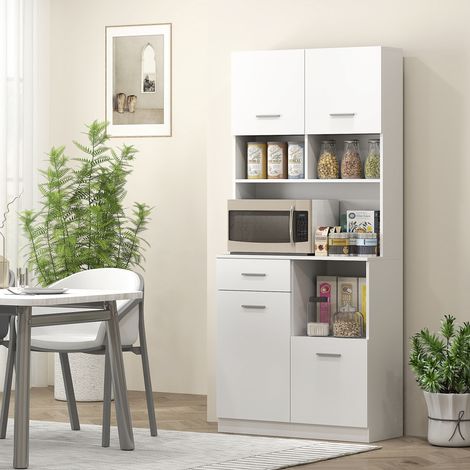 Aparador alto de cocina con cajón, 4 armarios y 3 compartimentos abiertos, despensa con estante de madera ajustable, para salón y cocina, 80x35x180 cm, blanco