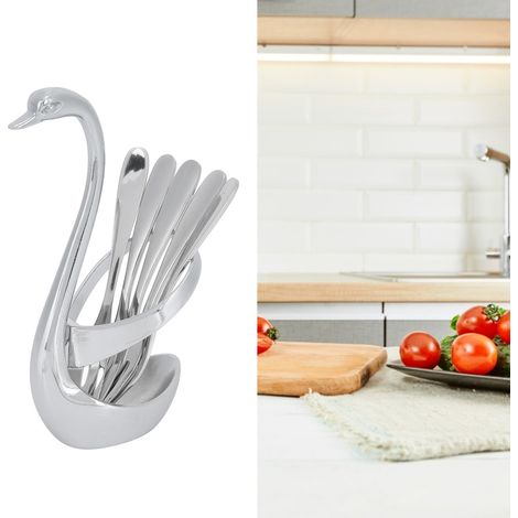 Set aus 5 Obstgabeln aus Edelstahl, gefertigt aus einer Zinklegierung, mit schwanenförmiger Aufbewahrungsbox. (1/5)