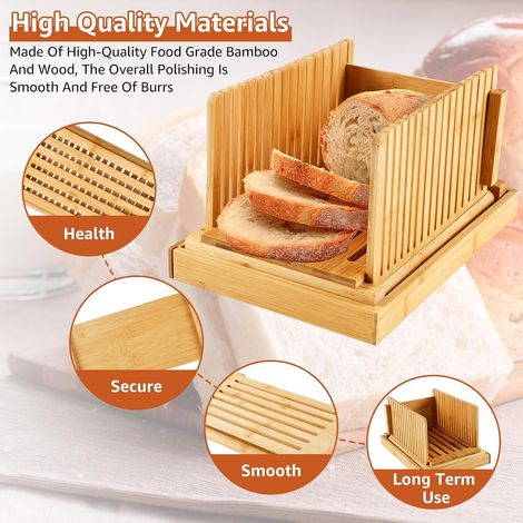 Trancheuse à pain pliable en bambou, épaisseur compacte, guide-pain réglable avec ramasse-miettes, portable et réutilisable, de qualité alimentaire, pour pain maison, toasts et bagels (horizontal) (1/4)
