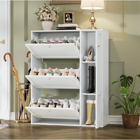 Zapatero estrecho con 3 puertas abatibles y 1 puerta, blanco 90 x 25 x 114 cm DESVIAE (1/5)
