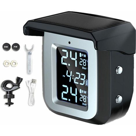 Détecteur de pression des pneus de moto solaire Système de surveillance du moniteur de pression des pneus sans fil Détecteur TPMS étanche avec 2 capteurs externes (1/5)