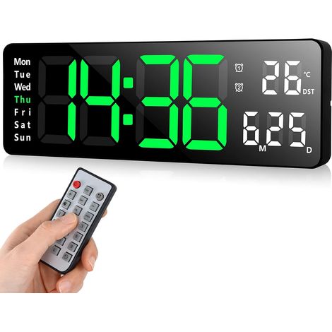Digitale LED-Wanduhr mit Fernbedienung, positiver Countdown-Timer, einstellbare Helligkeit, Wanduhren für Wohnzimmer, Küche, Büro, Fitnessstudio (13 Zoll, grün) (1/5)