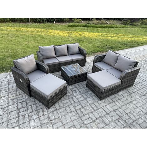 Fimous 8 places Dossier haut Salon de jardin avec Table basse carrée 2 Grand tabourets Ensemble de canapés en rotin Gris foncé mixte (1/5)