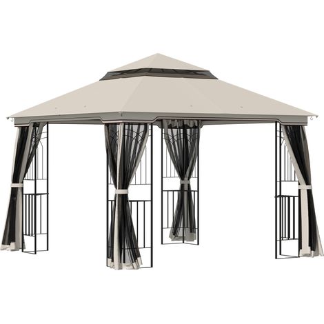 Outsunny Gartenpavillon mit Doppeldach Pavillon Gartenzelt Festzelt Partyzelt mit 4 x Seitenwand Metall+Polyester Beige 2,99 x 2,99 x 2,74 m