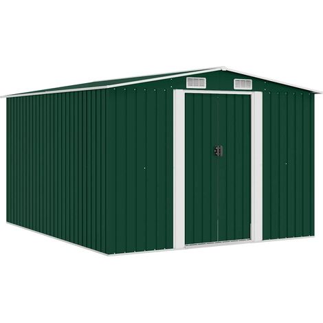 Vidaxl – Abri de jardin métal 257x298x178 cm – Acier galvanisé vert – Double porte coulissante – 4 trous de ventilation pour aération (1/5)