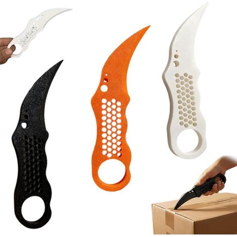 Ensemble de 3 pièces : ouvre-emballage, cutter pour enveloppes, ouvre-carton, petit coupe-emballage, coupe-carton. Impression 3D. Noir, orange et blanc. Dimensions : 15,5 cm x 4 cm. Idéal pour le bure (1/5)