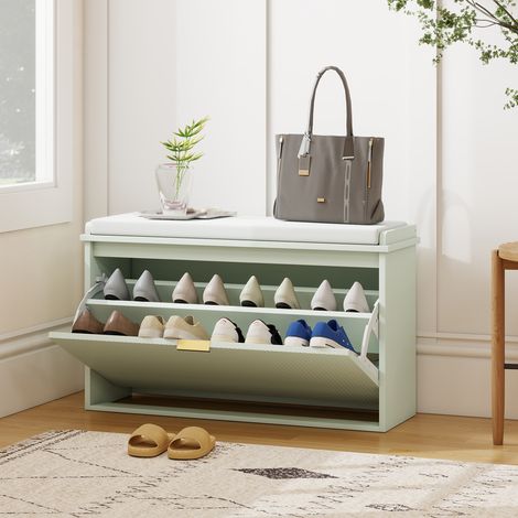 Banco Zapatero con Asiento Acolchado Cajón Abatible Estante Ajustable para Entrada Dormitorio 80x26x47,5 cm Verde Claro (1/5)