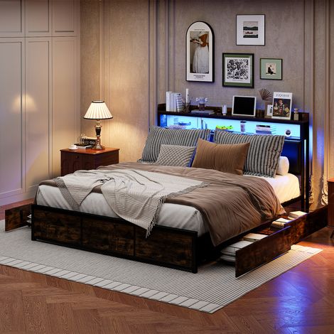 Letto imbottito con 4 cassetti, stile industriale, letto contenitore LED 160x200cm, letto matrimoniale imbottito in PU, nero, senza materasso (1/5)