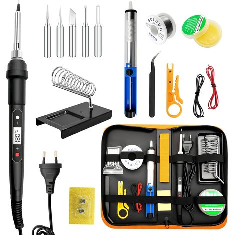 Soldador de 100 W – Control de temperatura LCD de 180 °C a 520 °C, kit de soldadura 16 en 1 con 50 g de soldadura, 5 puntas de soldadura, bomba desoldadora, soporte para soldador y pinzas – para elect