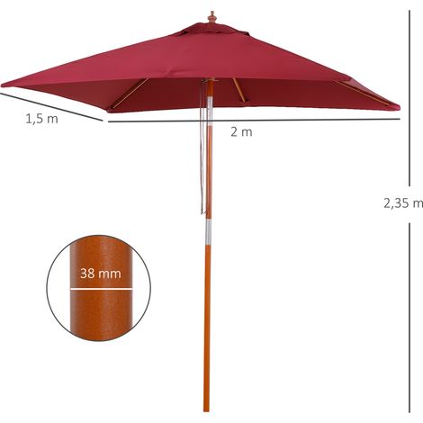 Parasol déporté en bois de sapin, réglable en 3 positions, couleur bordeaux, 200 x 150 x 230 cm, pour balcon, jardin et terrasse. (1/5)