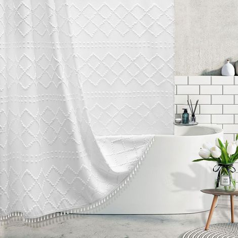 Rideau de Douche en Tissu tissé Blanc bohème avec Pampilles – 183 x 183 cm – Style Rustique Moderne Minimaliste – Motif Chevrons touffetés – Texturé – Résistant à l'eau – pour Salle de Bain,