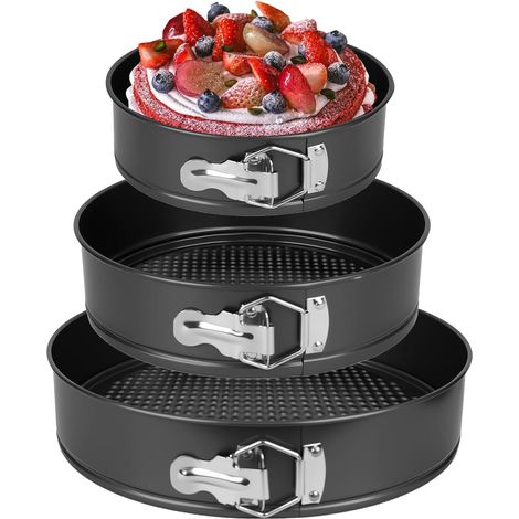 Set di 3 tortiere rotonde, 18/20/22 cm, in acciaio inox, antiaderenti, per pasticcini e torte mousse (nere)