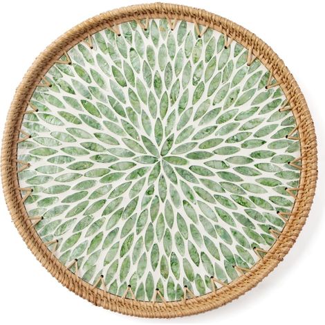Plateau rond en rotin incrusté de nacre,Motif de feuilles,plateau de service décoratif en osier , plateaux tressés pour pain, fruits et café (1/5)