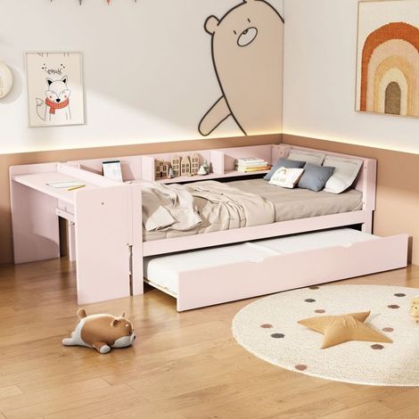 Lit simple - SOGEU - 90x200 - Bureau réglable tête/pied - 3 étagères latérales - Rose (1/5)