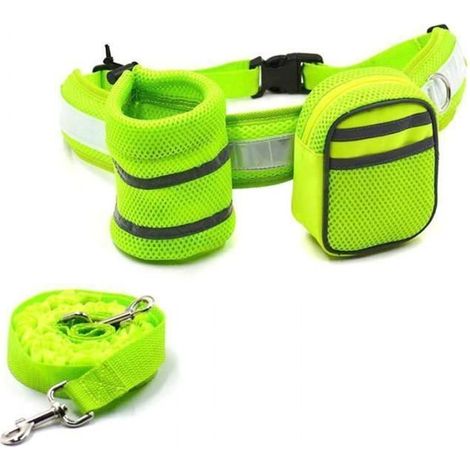 Kit Ceinture Laisse Chien Mains Libres - Réfléchissant - Jaune - Pour Course et Jogging - 2 Pochettes