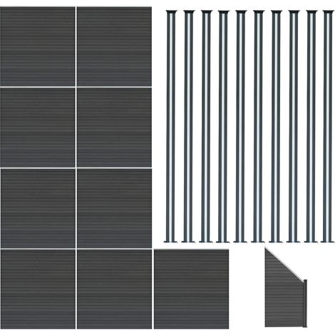 Kit Clôture Panneaux en Bois Composite Gris 9 Quadratique et 1 Incliné 185 H x 16,6 m L & 10 Poteaux en Aluminium à LED Solaires Lames à Emboîter Texture Bois Reversible PVC Brise-Vue Extérieur Jardin