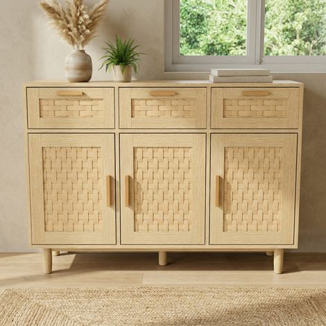 Buffet bahut 108cm, meuble de rangement cuisine salon, 3 portes 3 tiroirs effet cannage tressé, pieds bois massif, Naturel