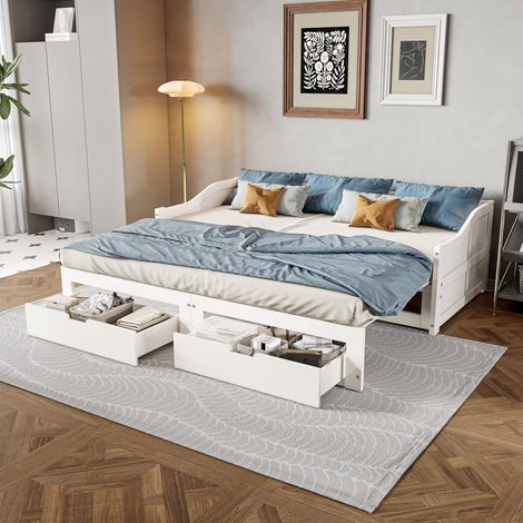 Lit gigogne 90/180x200 cm - Canapé-Lit Extensible avec Tiroirs de Rangement - Bois Massif - Blanc