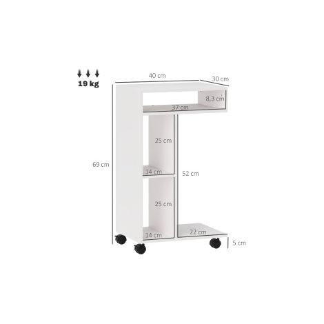 C-förmiger Beistelltisch 40 x 30 x 69 cm, Weiß, mit 4 Rollen, platzsparend (1/5)