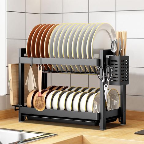 Égouttoirs à Vaisselle, Egoutoire Vaisselle Cuisine Noir à 2 Niveaux en INOX, Égouttoir Vaisselle sur Evier, avec Plateau Egouttement et Support pour Couverts, Séchoir à Vaisselle