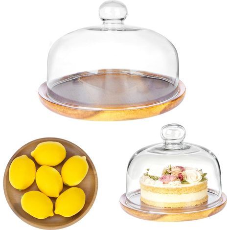 Présentoir à gâteaux de 20 cm avec base en bois et cloche en verre transparent, idéal pour les desserts, fromages, bonbons et plantes grasses. (1/5)