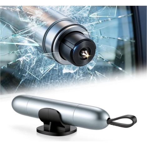 Martello di sicurezza - Taglia cinture di sicurezza - Martello di emergenza - Martello di sicurezza e taglia cinture di sicurezza 2 in 1 - Include vetro di prova e supporto autoadesivo - Argento (1/5)