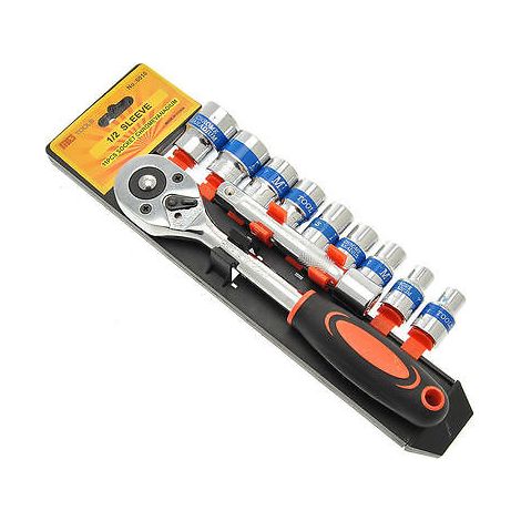 SERIE KIT 11 PZ CHIAVE CRICCHETTO REVERSIBILE 1/2 CON SET BUSSOLE ESAGONALI CR-V