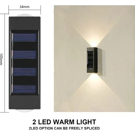 (12PCS-2LED-WARM) Appliques murales solaires LED d'extérieur étanches, lampe solaire LED à éclairage vers le haut et vers le bas, compatible avec la décoration de jardin, balcon, cour et rue (1/5)