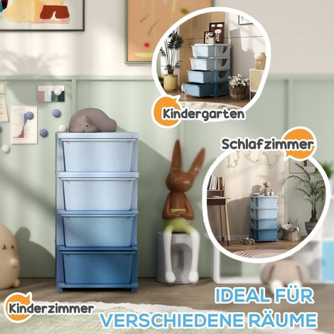 Boîte de rangement enfant 4 tiroirs, bords arrondis, design surélevé, plastique bleu, rangement jouets et chambre. (1/5)