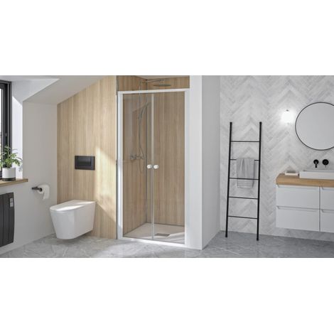 Kinedo – Porte de douche pivotante 80cm 2P en verre sécurité transparent – Profilés aluminium blanc – Installation murale – PA1530BTN (1/3)